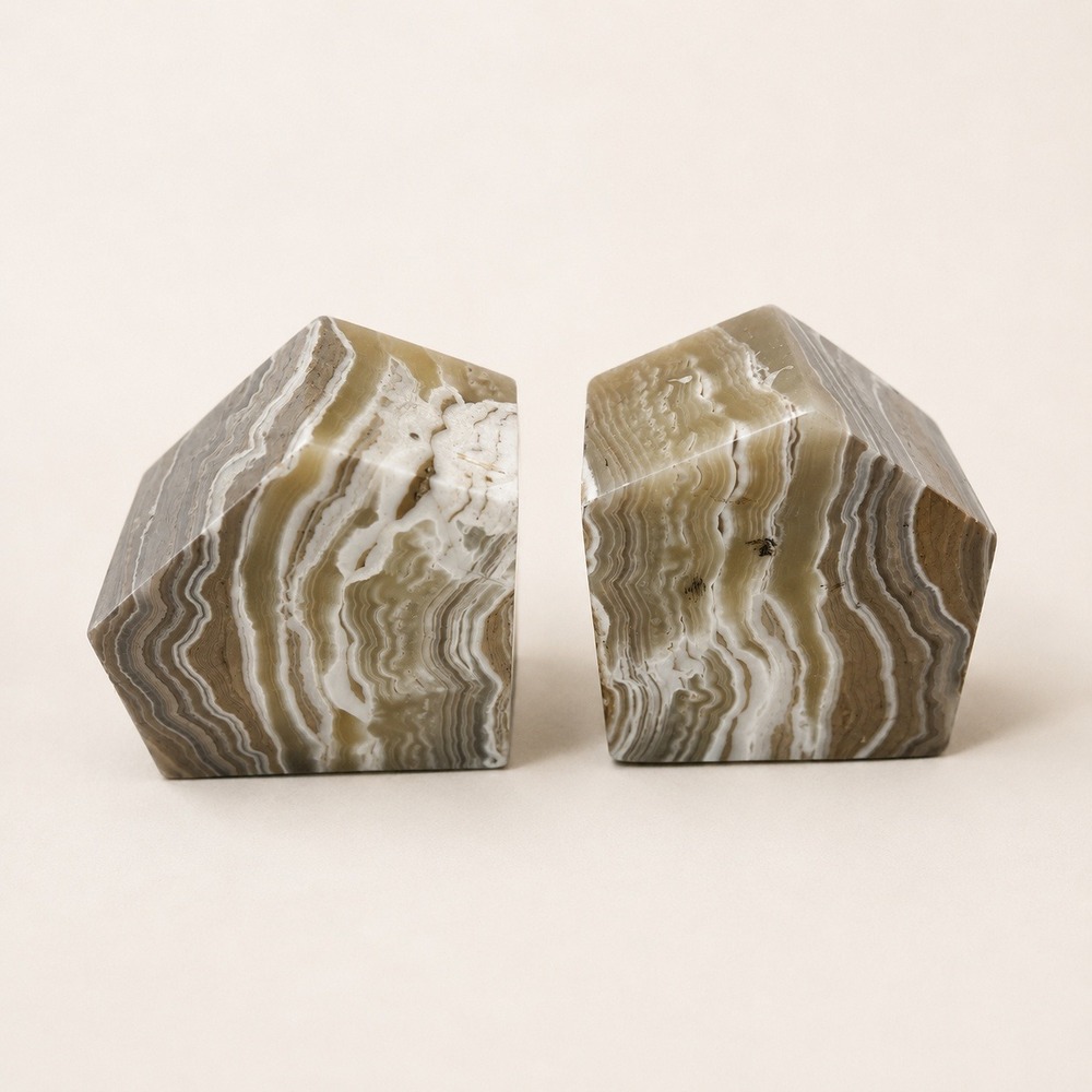 Vintage Banded Onyx Marble Bookends Mid Century Modern Boho Stone Decor Pair